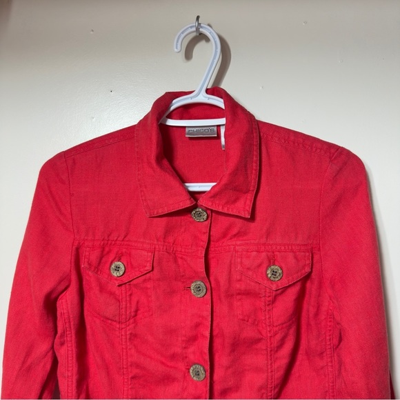 Chico's 100% Linen Trucker Jacket Fuscia Women Size 0 - Picture 2 of 7